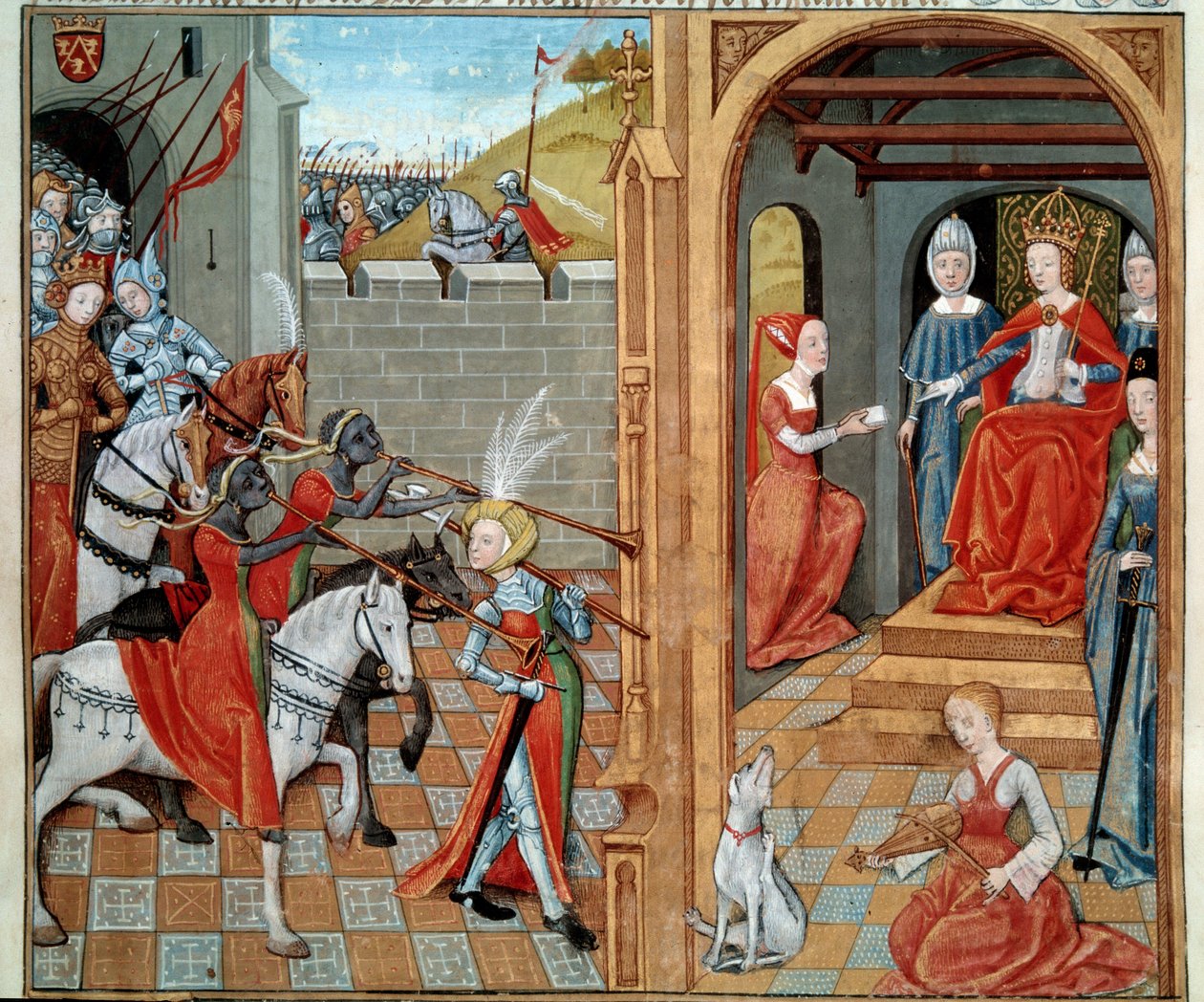 Amazonilla on kuningattaren hovi, luultavasti Savoylaisen Luisan (1467-1531) Miniatyyri käsikirjoituksesta fr. 22971 "" Secret de l
