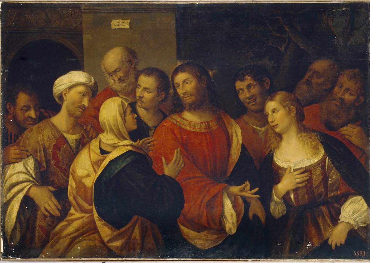 Kristus Martan ja Marian talossa. (Kristus Martan ja Marian talossa). Sisaret Marthe ja Marie de Bethanie toivottavat Jeesuksen ja hänen opetuslapsensa tervetulleiksi. Rocco Marconin (noin 1490-1529) maalaus öljy kankaalle. italialainen taide (Venetsia) tekijältä Rocco Marconi