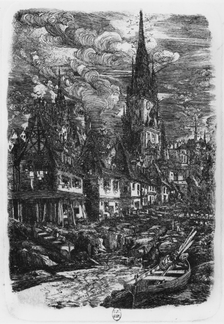 Kalasatama terävällä tornilla, 1860 tekijältä Rodolphe Bresdin