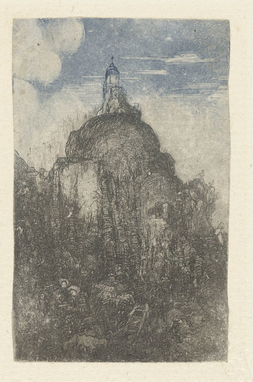 Rakentaa kalliolle ja lepäämässä paimenet lampaineen kallion juurella Le Phare Chapelle alpesre tekijältä Rodolphe Bresdin