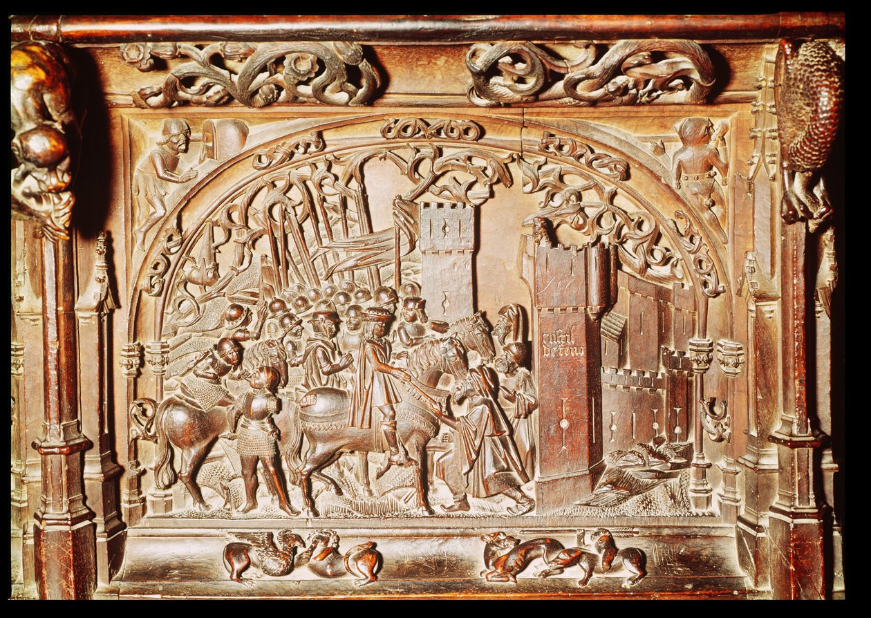 Kohtaus kuoriparvekkeen alatasolta, joka esittää Granadan valloitusta, 1495 (veistetty puu). tekijältä Rodrigo Aleman
