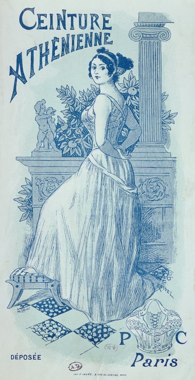 Mainos "Ceinture Athenienne", varhainen rintaliivimalli, n. 1895 tekijältä Roedel