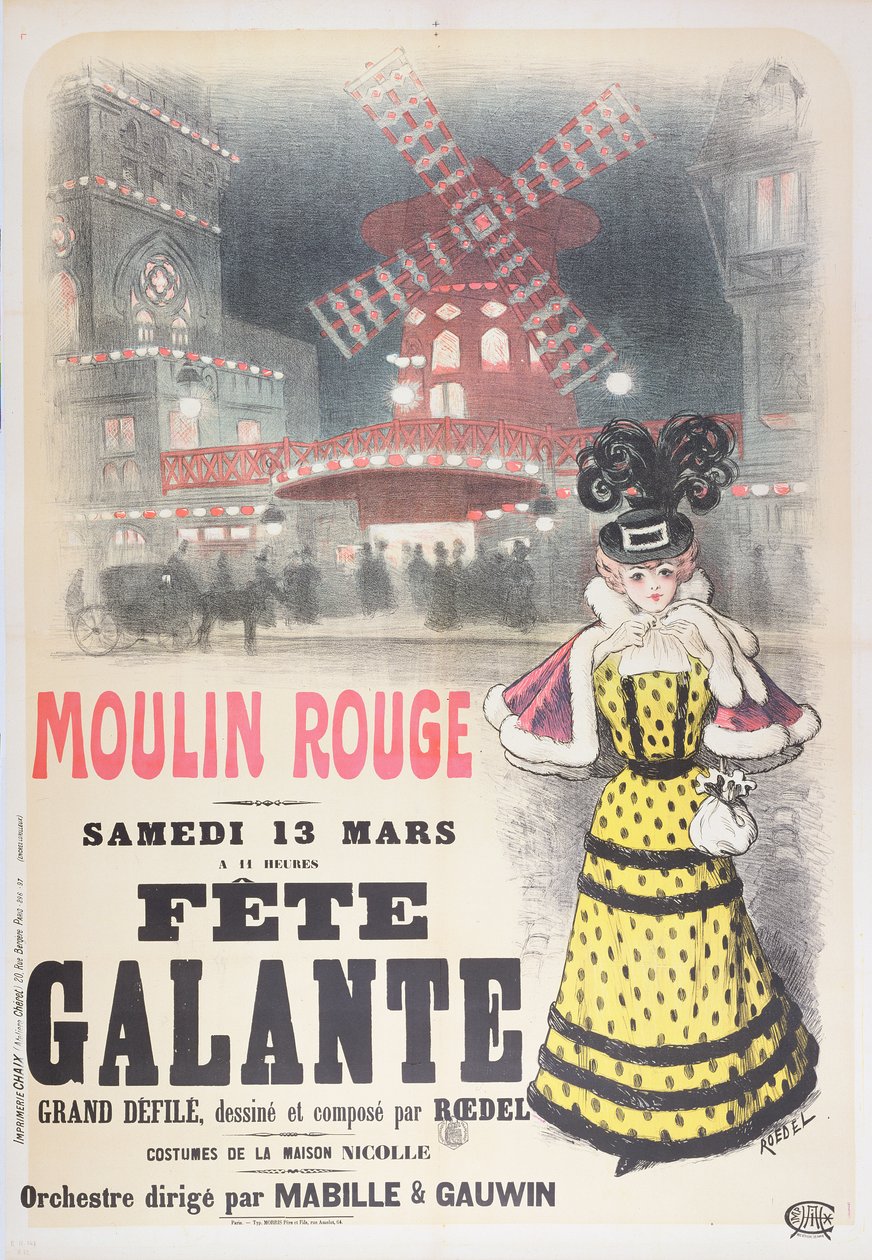 Juliste "Fete Galantesta" Moulin Rougessa, Montmartressa, Pariisissa. 1800-luvun lopulla tekijältä Roedel