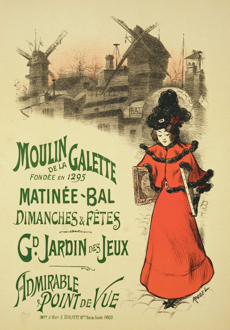 Jäljennös julisteesta, joka mainostaa Moulin de la Galette -matineeballia, 1896 (katso 124022) tekijältä Roedel