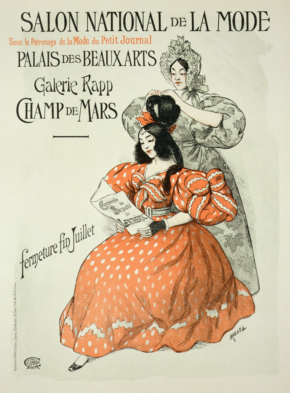 Jäljennös julisteesta, joka mainostaa Salon National de la Modea, Rapp Gallery, Pariisi, 1896 tekijältä Roedel