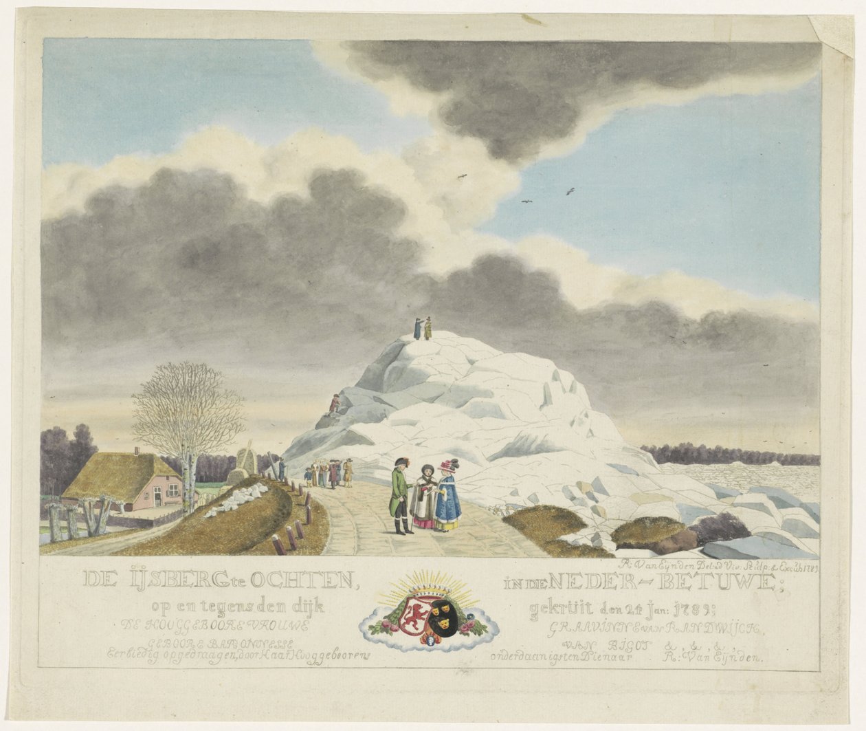 Jäätelö Ochtenissa, 1789 Jäävuori Ochtenissa Betuwen alaosassa; 24. tammikuuta jauhetun padon päällä ja sitä vasten. 1789 (otsikko esineessä) tekijältä Roeland van Eynden