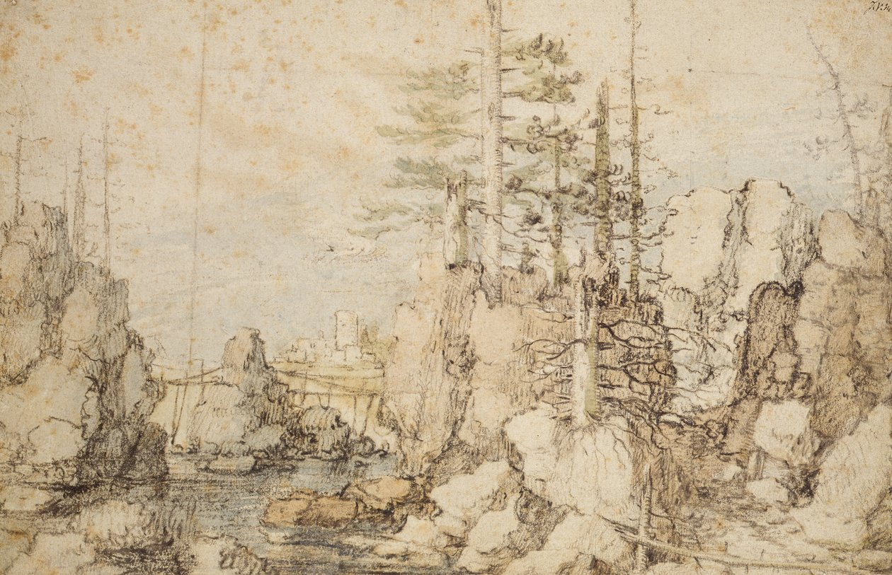 Metsäinen ja kivinen maisema, n.1606-07 (musta ja värillinen liitu ja wc paperilla) tekijältä Roelandt Jacobsz. Savery