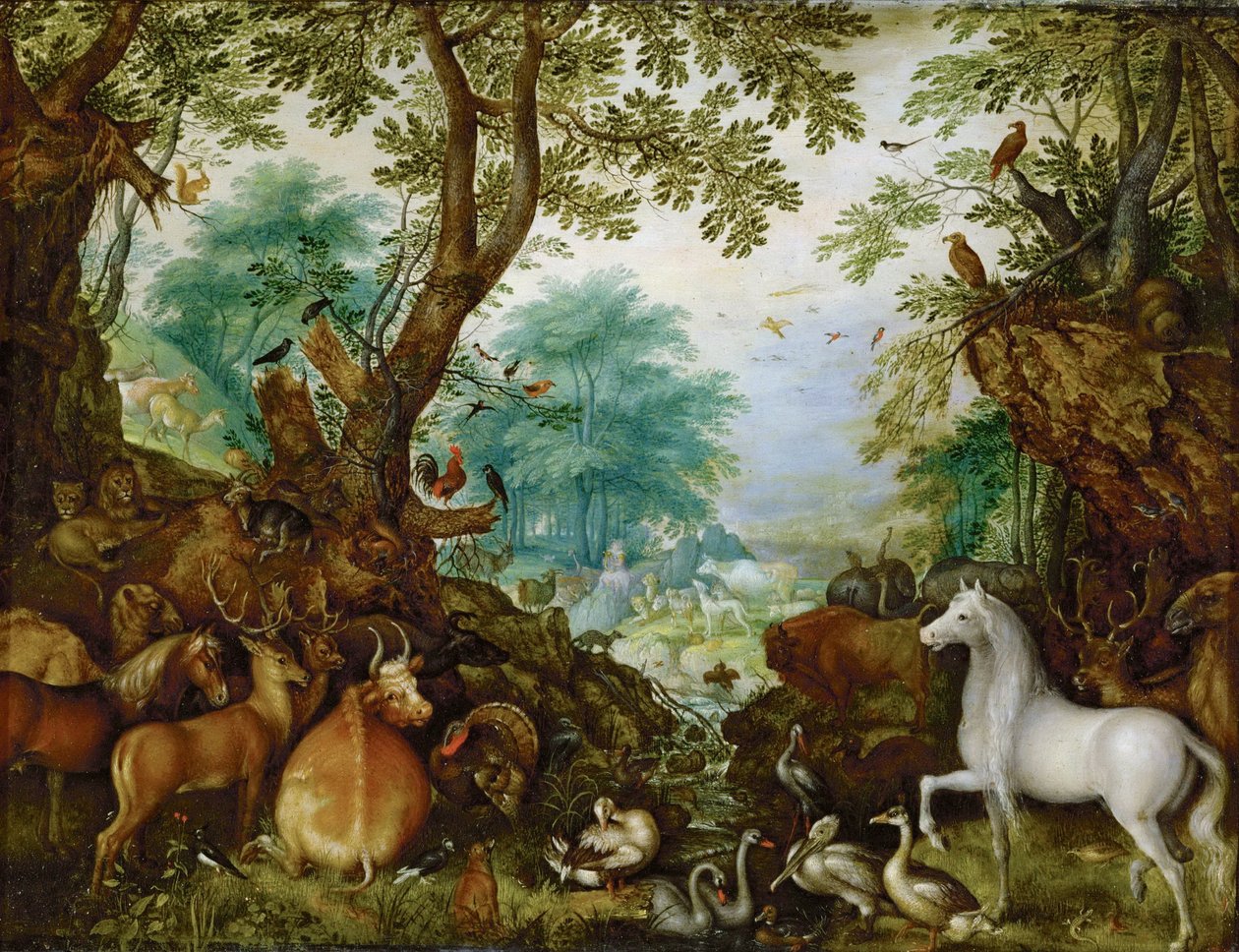 Orphee parmi les animaux - Orpheus eläinten joukossa - Roelant (Roelandt) Savery (1576-1639). Öljy kuparille, n. 1628. Mitat: 27,5x36 cm. Taidehistoriallinen museo, Vienne tekijältä Roelandt Jacobsz. Savery
