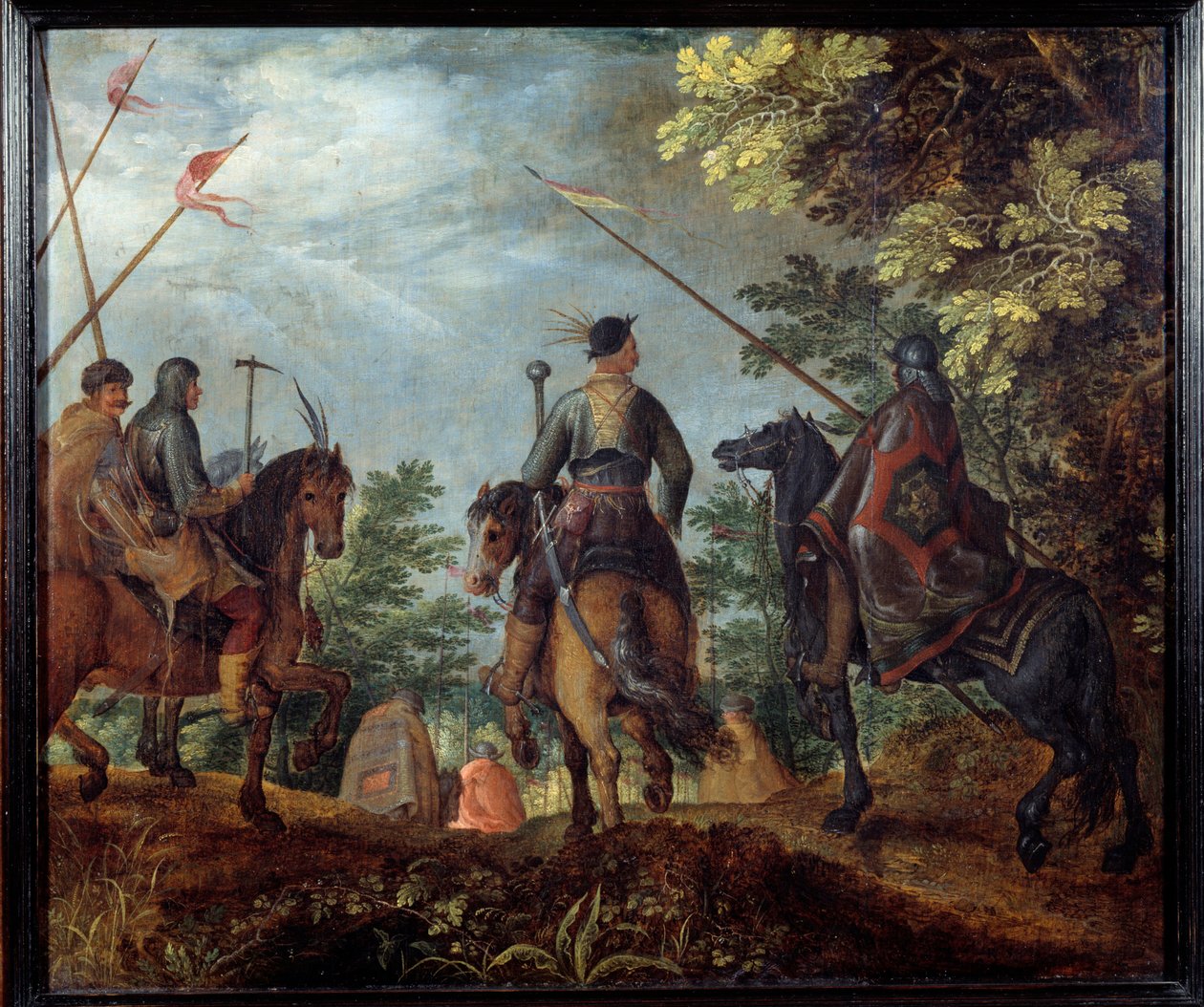 Puolalaiset ratsasmiehet kävelevät metsässä. Roelant (Roelandt) Saveryn maalaus (1576-1639) tekijältä Roelandt Jacobsz. Savery