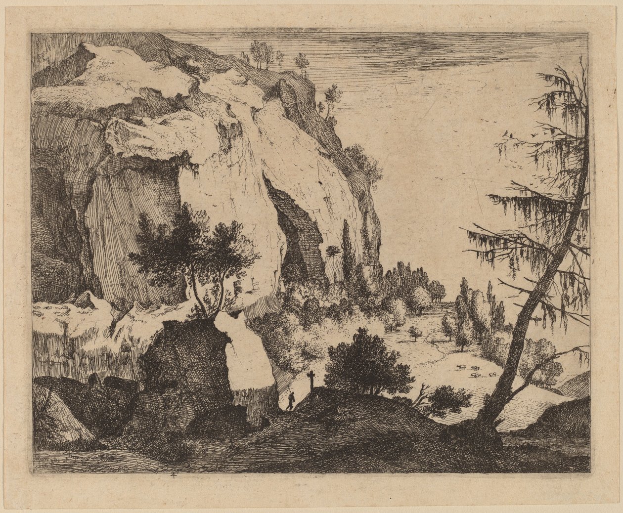 Kalliomaisema kuusen kanssa: pl.4 tekijältä Roelant Roghman and Melchior Küsel