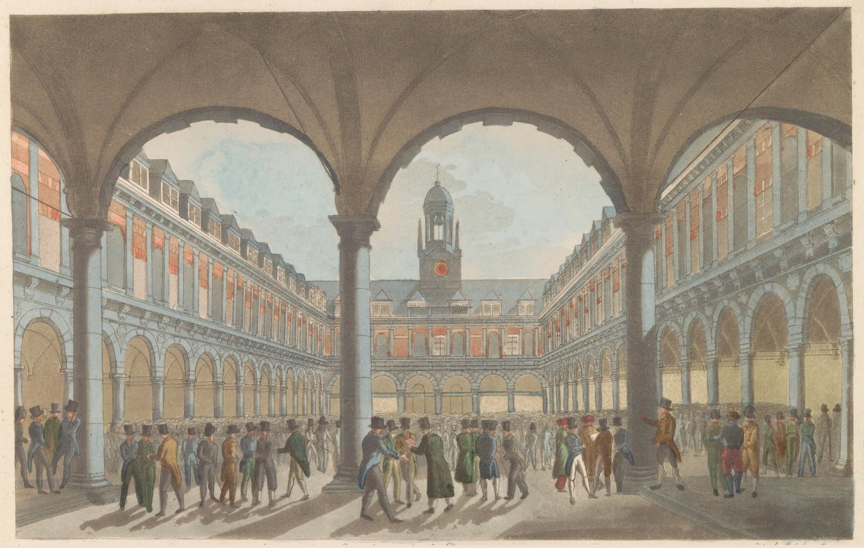 Pörssi Amsterdamissa, noin 1825 The Beurs in Amsterdam / La Bourse à Amsterdam (otsikko esineessä) tekijältä Roelof van der Meulen