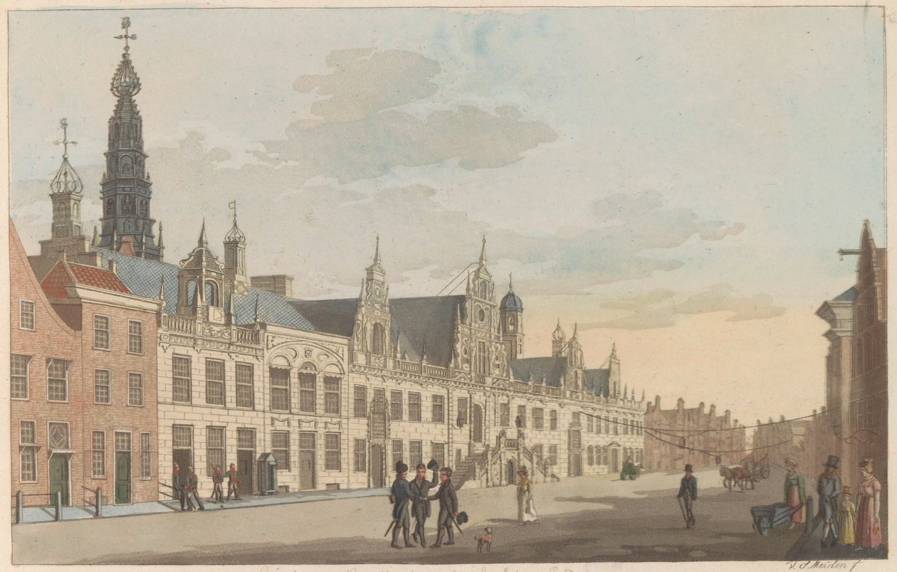 Breestraat Leidenissä, noin 1825 Näkymä Breestraatille ja kaupungintalolle Leydenissa / Vue Sur la rue dite Breestraat et l