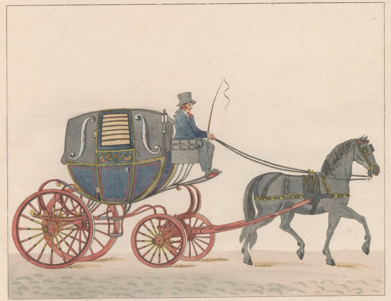 Hevoskärryt Amsterdamissa, noin 1825 Amsterdamsche Huurkoetsje tai Moped / Un Fiacre de Louage en usage à Amsterdam A ij connu sous la nom de Brommertje (otsikko esineessä) tekijältä Roelof van der Meulen