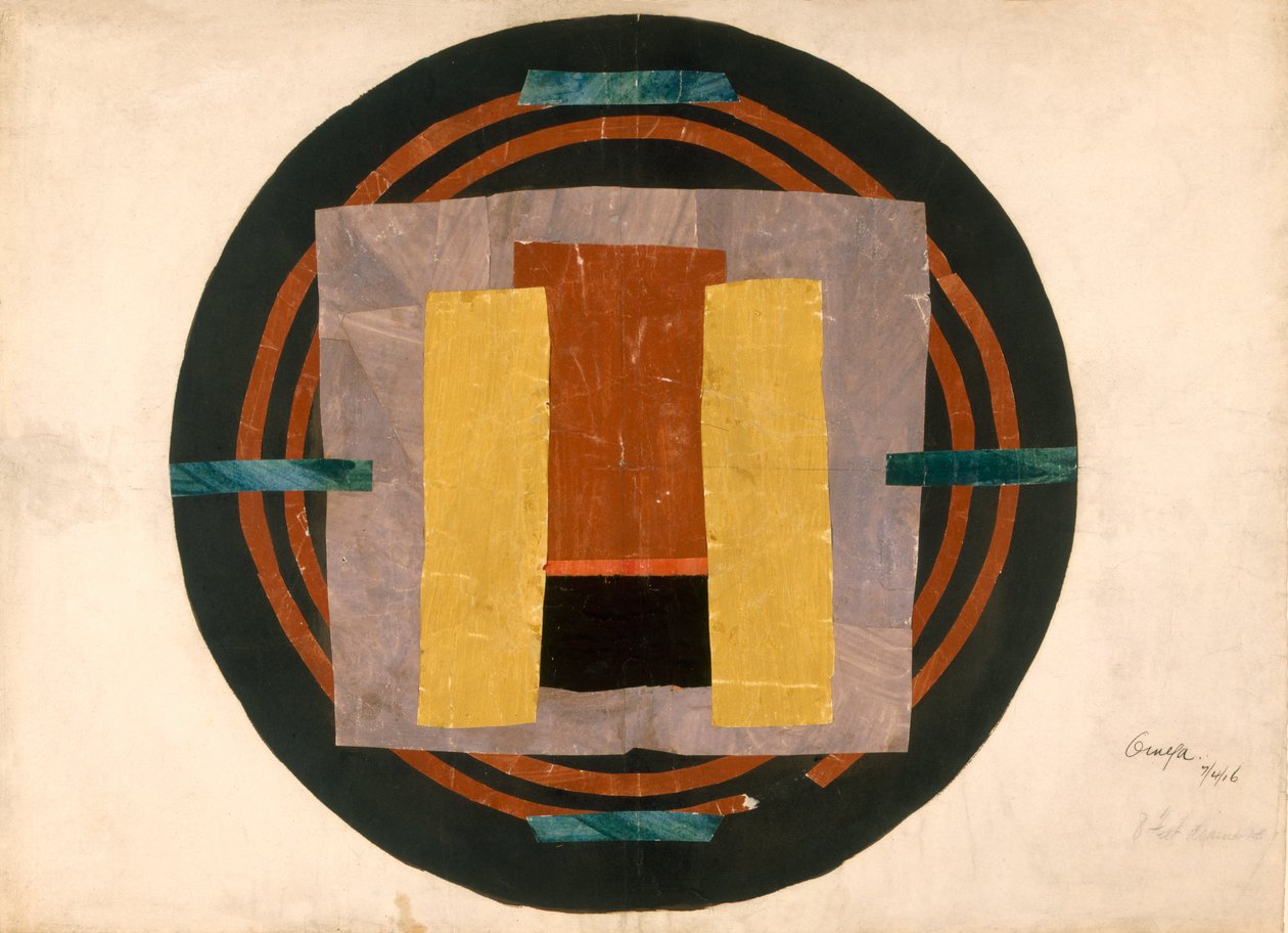 Ympyrän muotoinen matto, 1916 (wc ja kollaasi paperille) tekijältä Roger Eliot Fry