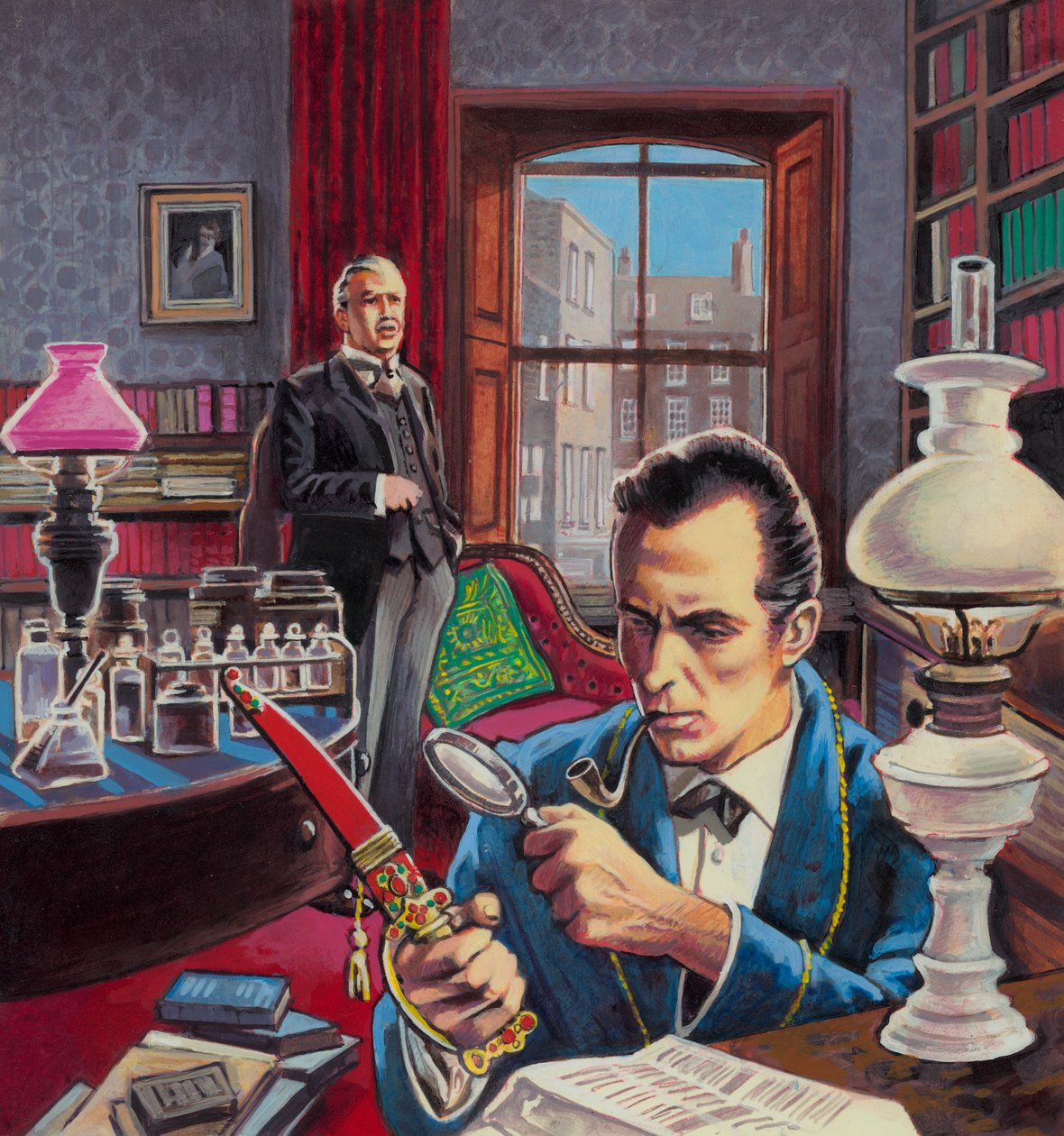 Sherlock Holmes työhuoneessaan (guassi paperille) tekijältä Roger (after) Payne