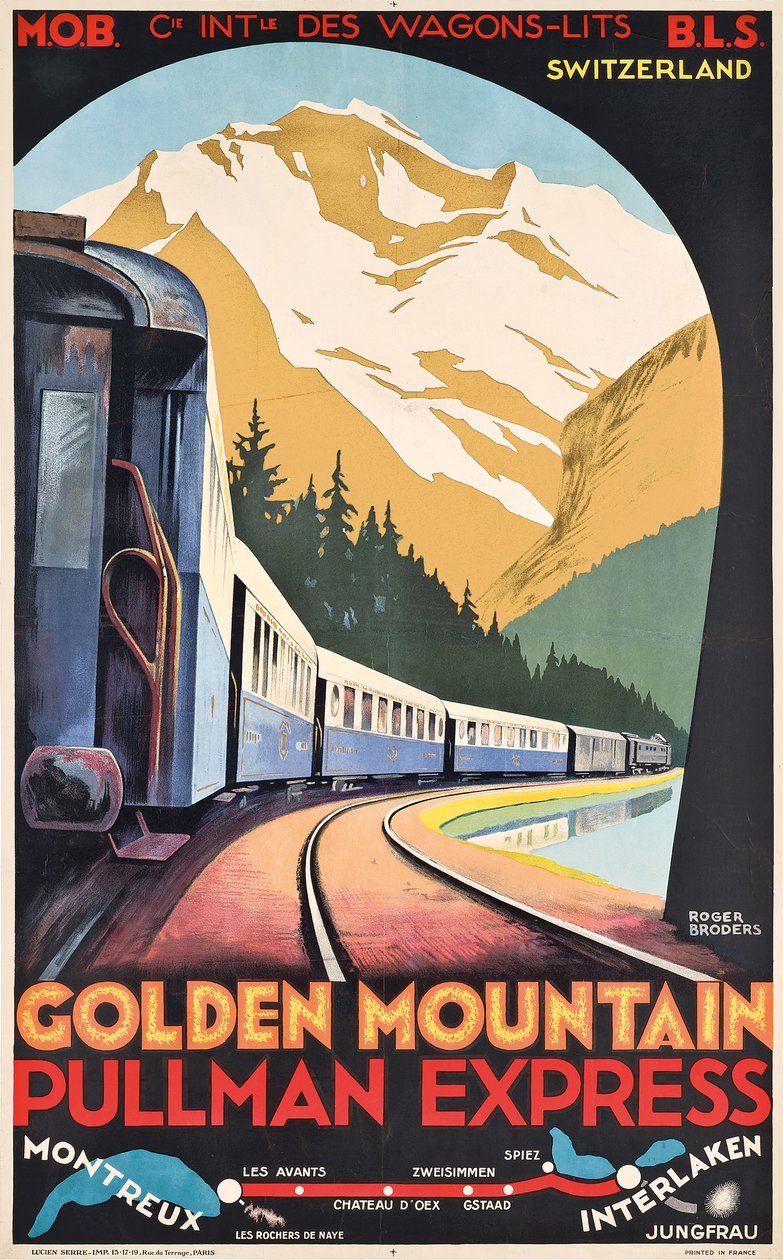 Compagnie Internationale des Wagons-Litsin juliste, joka mainostaa Golden Mountain Pullman Express -junaa, noin 1930 (värilitografia). tekijältä Roger Broders
