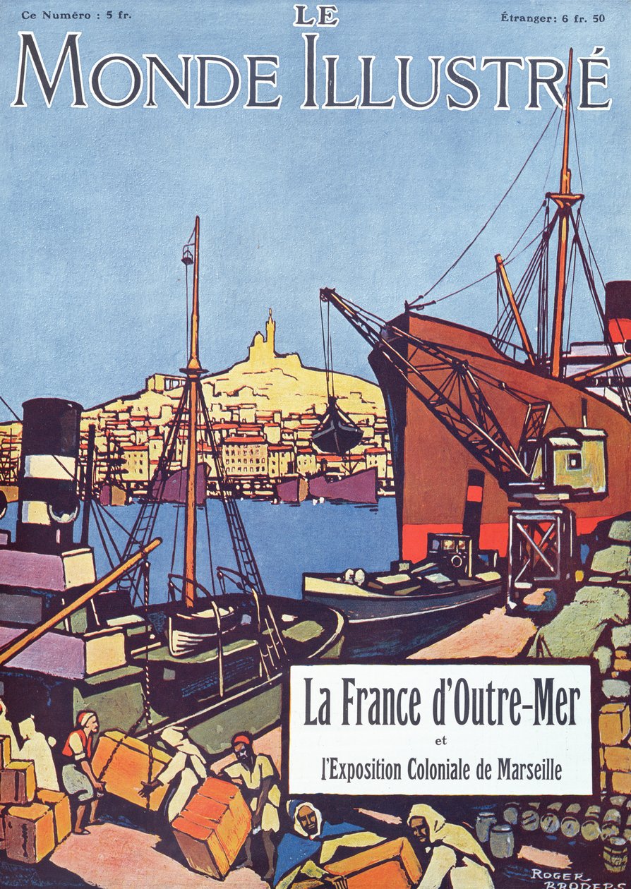Le Monde Illustre -lehden erikoisnumeron etukansi, joka käsittelee Marseillen kansainvälistä merentakaista näyttelyä vuonna 1922 (värilitografia). tekijältä Roger Broders