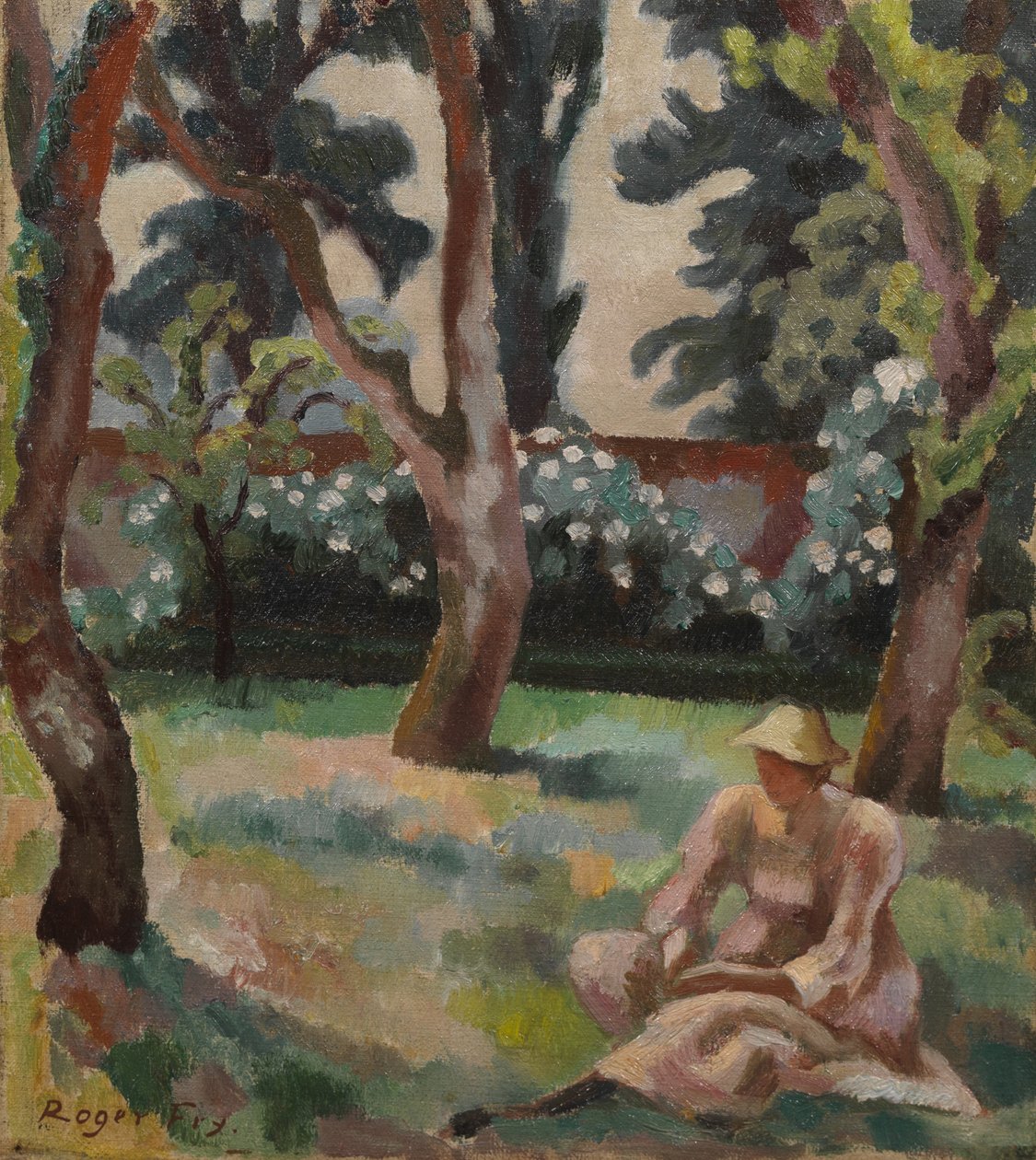 Orchard, nainen istuu puutarhassa tekijältä Roger Eliot Fry