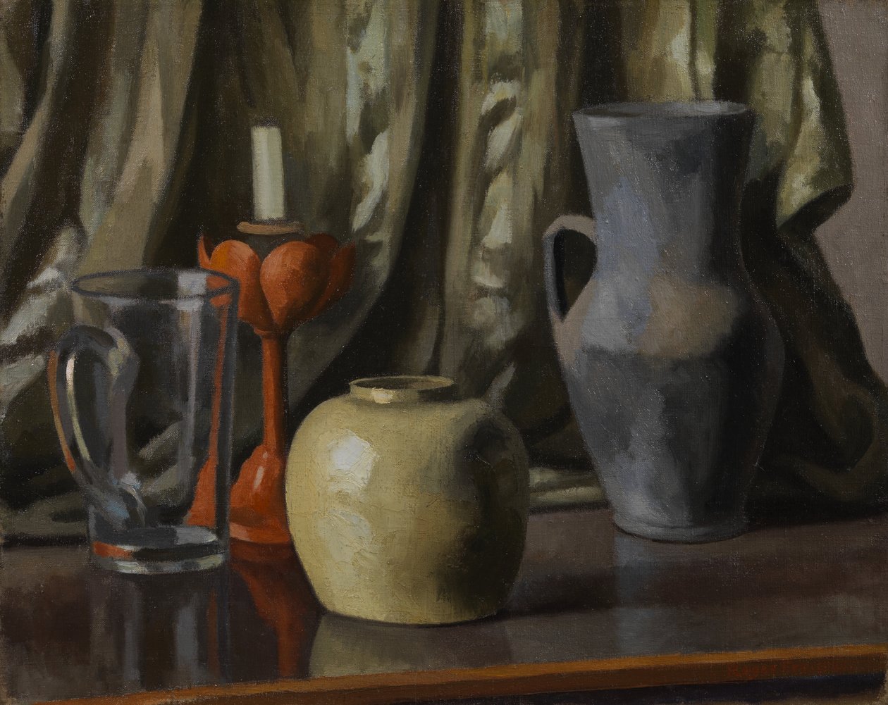 Asetelma kynttilän ja saviruukkujen kanssa, 1921 tekijältä Roger Eliot Fry