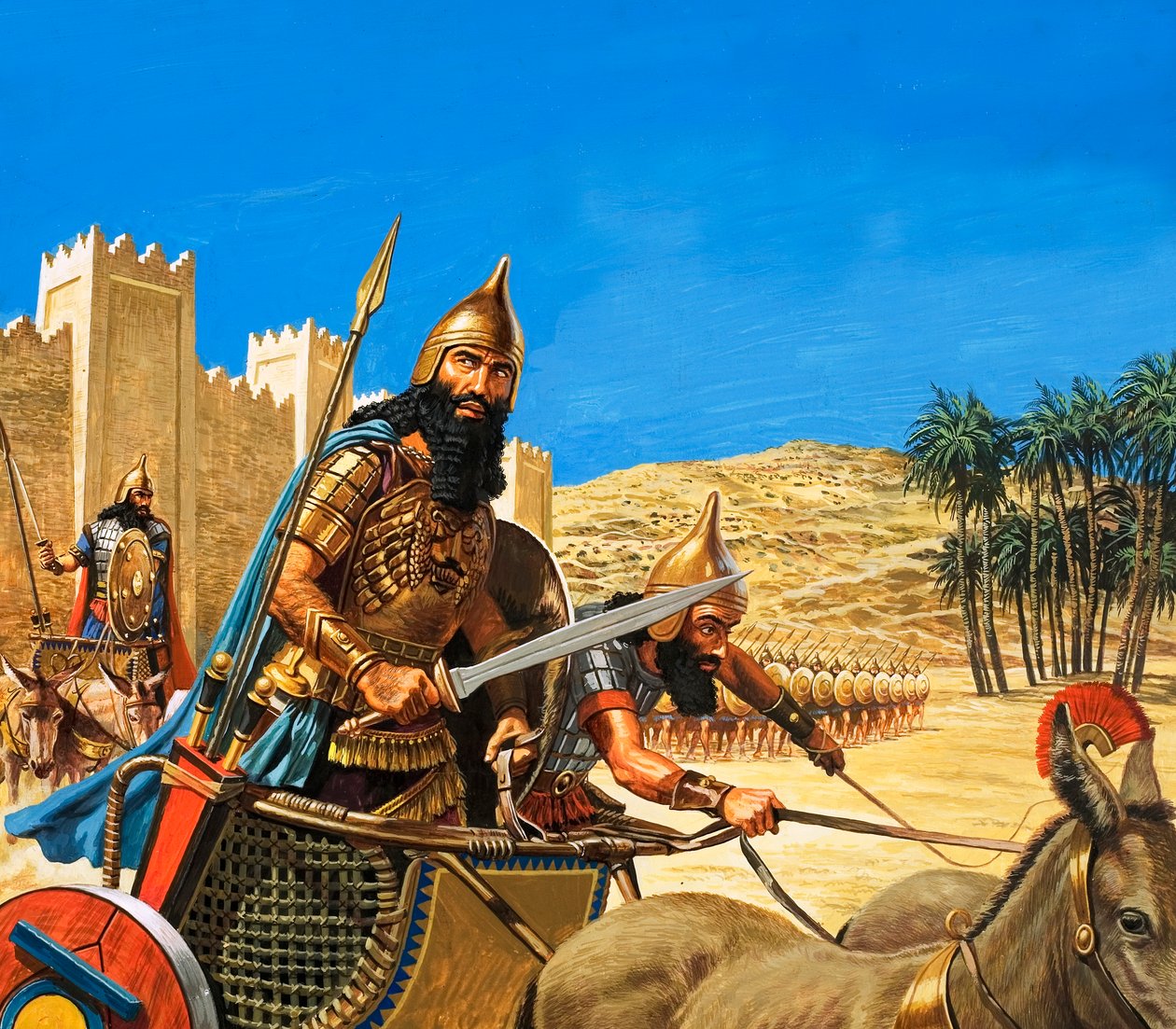 Kuningas Hammurabi lähtee sotaan, ja hänen vaunujaan vetävät erityisen sitkeää rotua olevat aasit. tekijältä Roger Payne