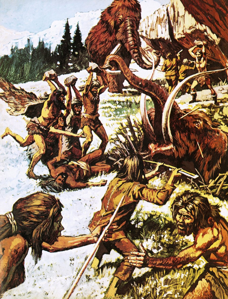 Mammuttien kimppuun hyökkäävät esihistorialliset miehet tekijältä Roger Payne