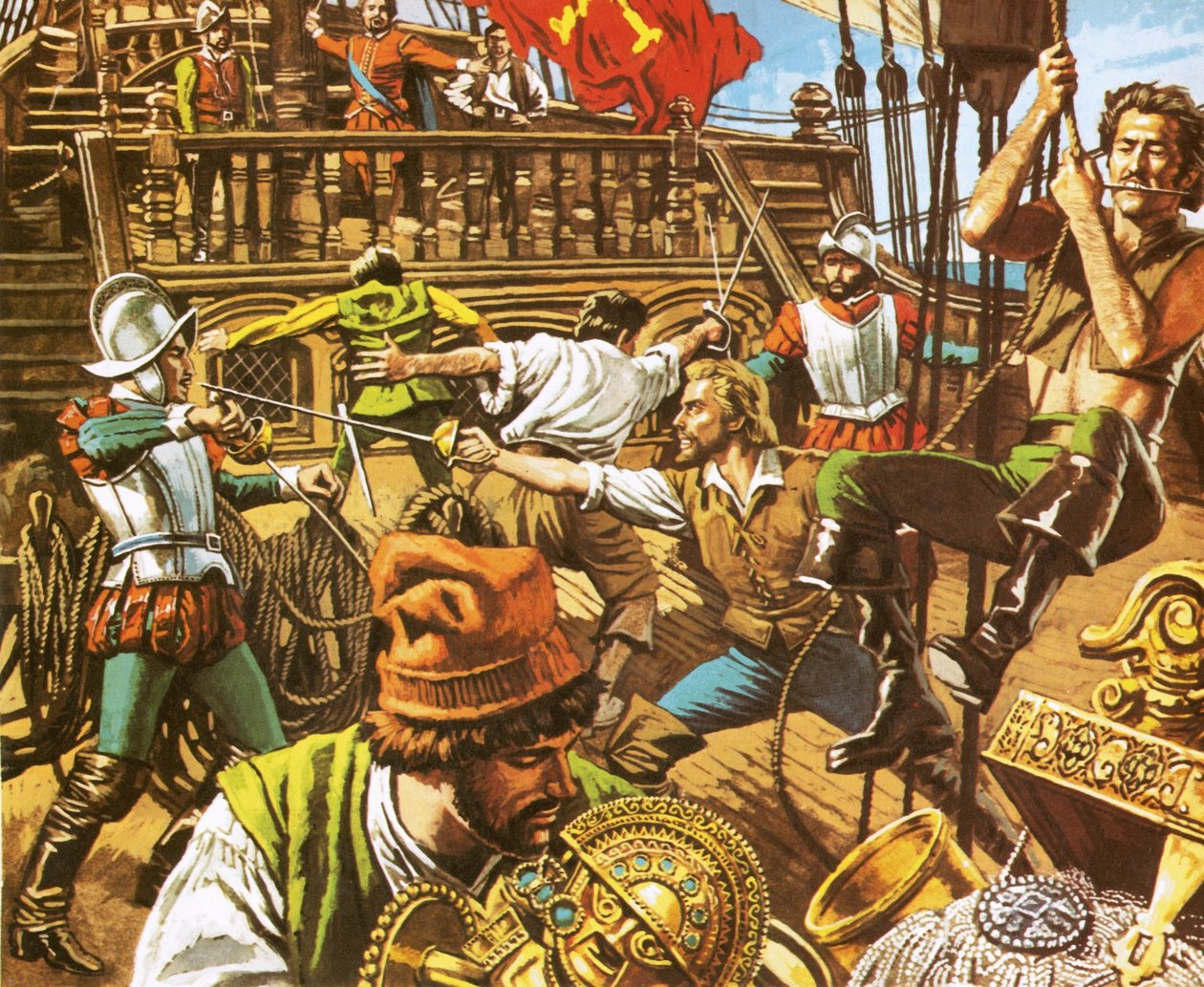 Sir Francis Drake hyökkää espanjalaisten kimppuun tekijältä Roger Payne