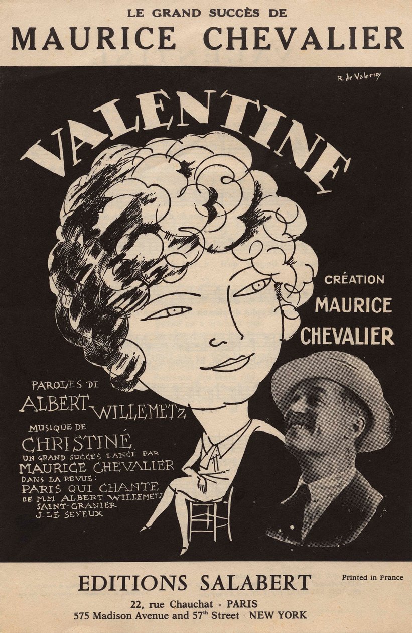 Maurice Chevalierin suuren menestyksen "Valentine" partituurin kansi Albert Willemetzin sanat Christine Salabertin musiikki, n.1925 (tuloste). tekijältä Roger de Valerio