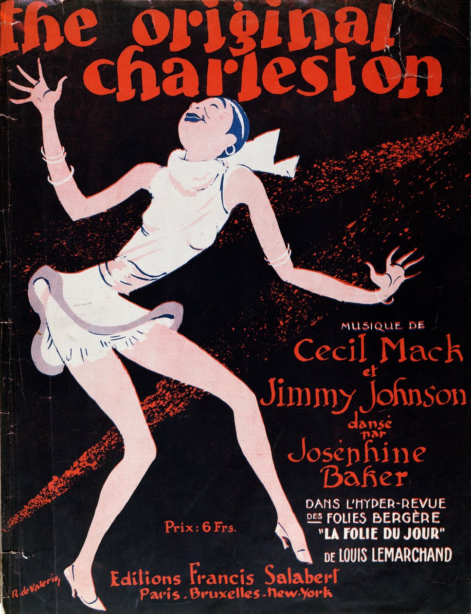 Josephine Baker (1906-75) tanssii Charlestonia, juliste, joka mainostaa esitystä Folies Bergeressä tekijältä Roger de Valerio
