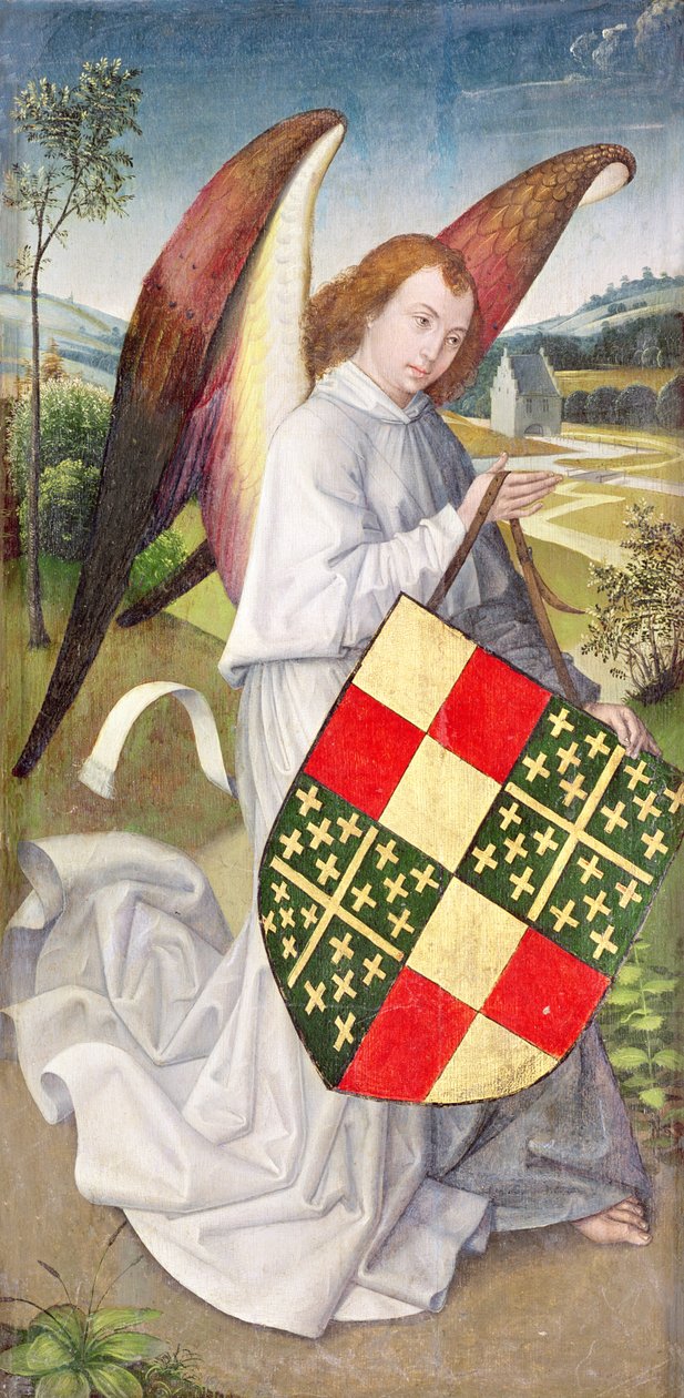 Enkeli pitelee kilpiä, jossa on de Chaugy- ja Montagu-käsivarsien heraldiset käsivarret, 1460-66 tekijältä Rogier van der Weyden