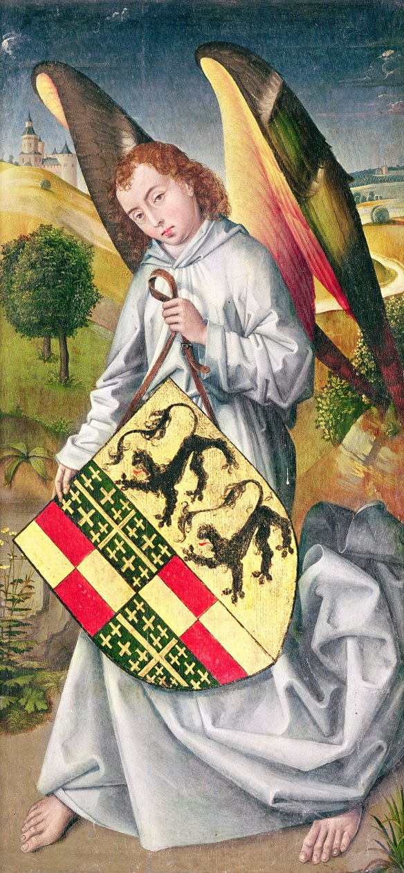 Enkeli pitelee kilpiä de Chaugy- ja Montagu-perheiden heraldisilla käsivarsilla ja de Jaucourt-perheen kahden leopardin kanssa, 1460-66 tekijältä Rogier van der Weyden