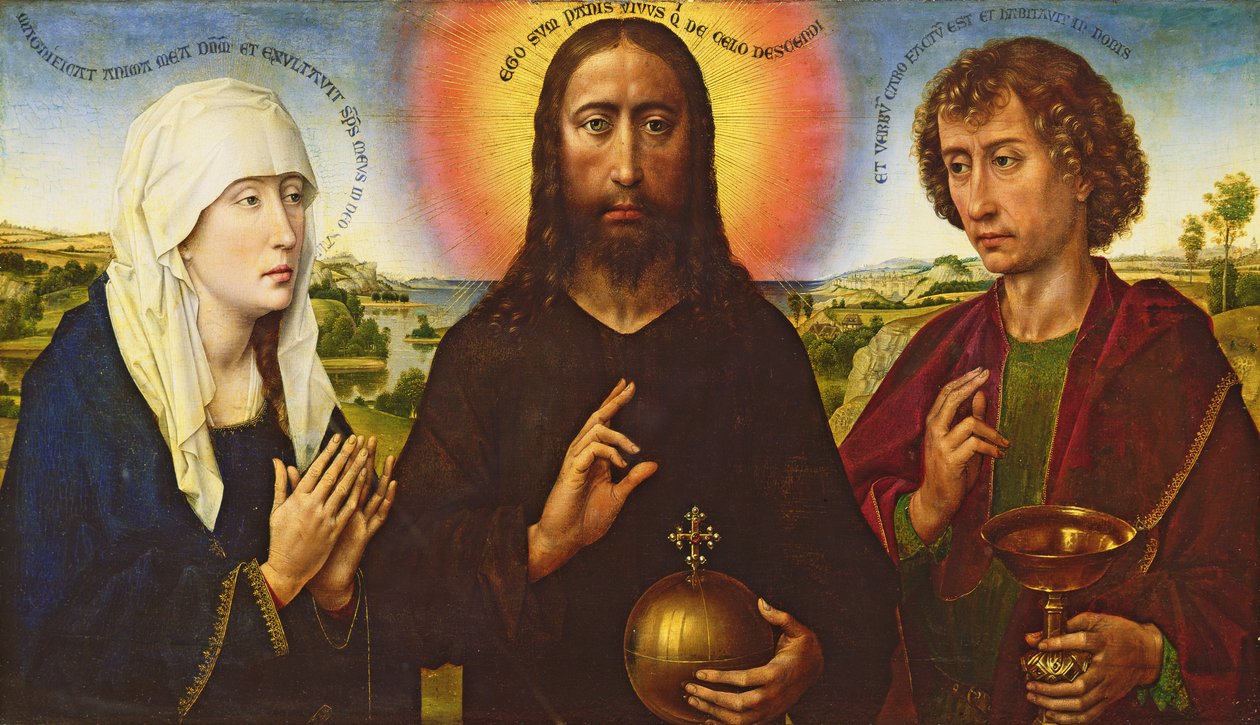 Kristus Lunastaja Neitsyen ja Pyhän Johannes evankelistan kanssa, keskuspaneeli Braque-perheen triptyykistä tekijältä Rogier van der Weyden
