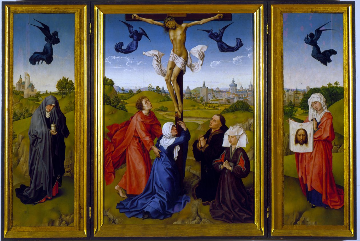 Ristiinnaulitseva triptyykki Pyhän Maria Magdaleenan, Pyhän Veronican ja tuntemattomien suojelijoiden kanssa, n. 1440-1445 tekijältä Rogier van der Weyden