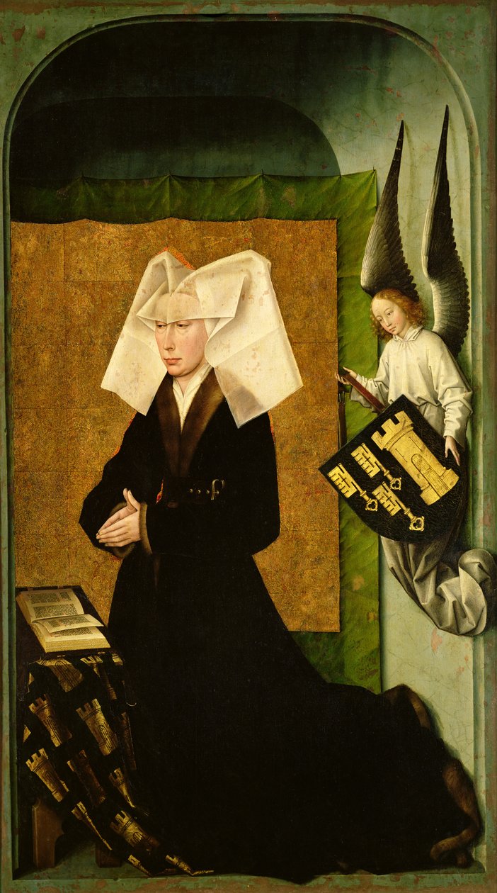 Guigone de Salins, lahjoittajan vaimo, liittokansleri Nicholas Rolin, polvistumassa rukouksessa, viimeisen tuomion polyptyykin kääntöpuolelta, n. 1445-1450 (katso 20546, 170074 ja 170078) tekijältä Rogier van der Weyden