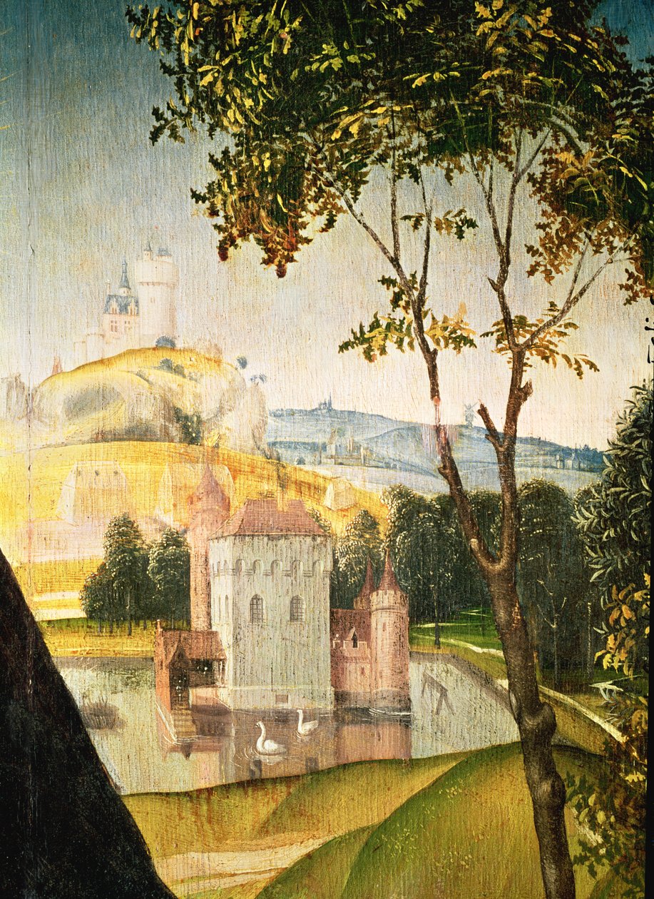 Maisema, jossa linna vallihaudassa ja kaksi joutsenta, 1460-66 (yksityiskohta 344036) tekijältä Rogier van der Weyden