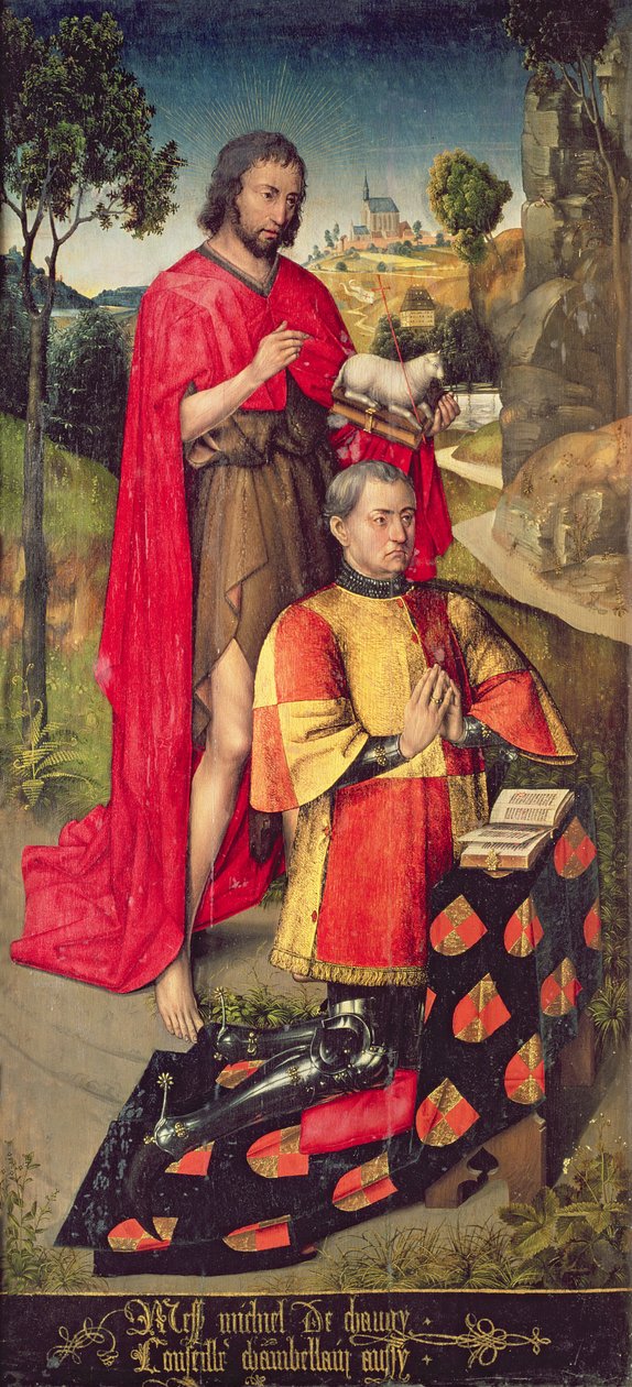 Vasemmanpuoleinen paneeli pääalttarin polyptyykistä, jossa on alttaritaulun lahjoittajan isän Jean de Chaugyn kuva, 1460-66. tekijältä Rogier van der Weyden
