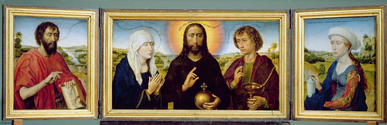 Braque-perheen triptyykki, Pyhä Johannes Kastaja, Kristus Lunastaja Neitsyen ja Pyhän Johannes Evankelistan välillä, Pyhä Maria Magdaleena, n. 1551 (öljy puulevylle) (katso myös 15987, 205723, 223218) tekijältä Rogier van der Weyden