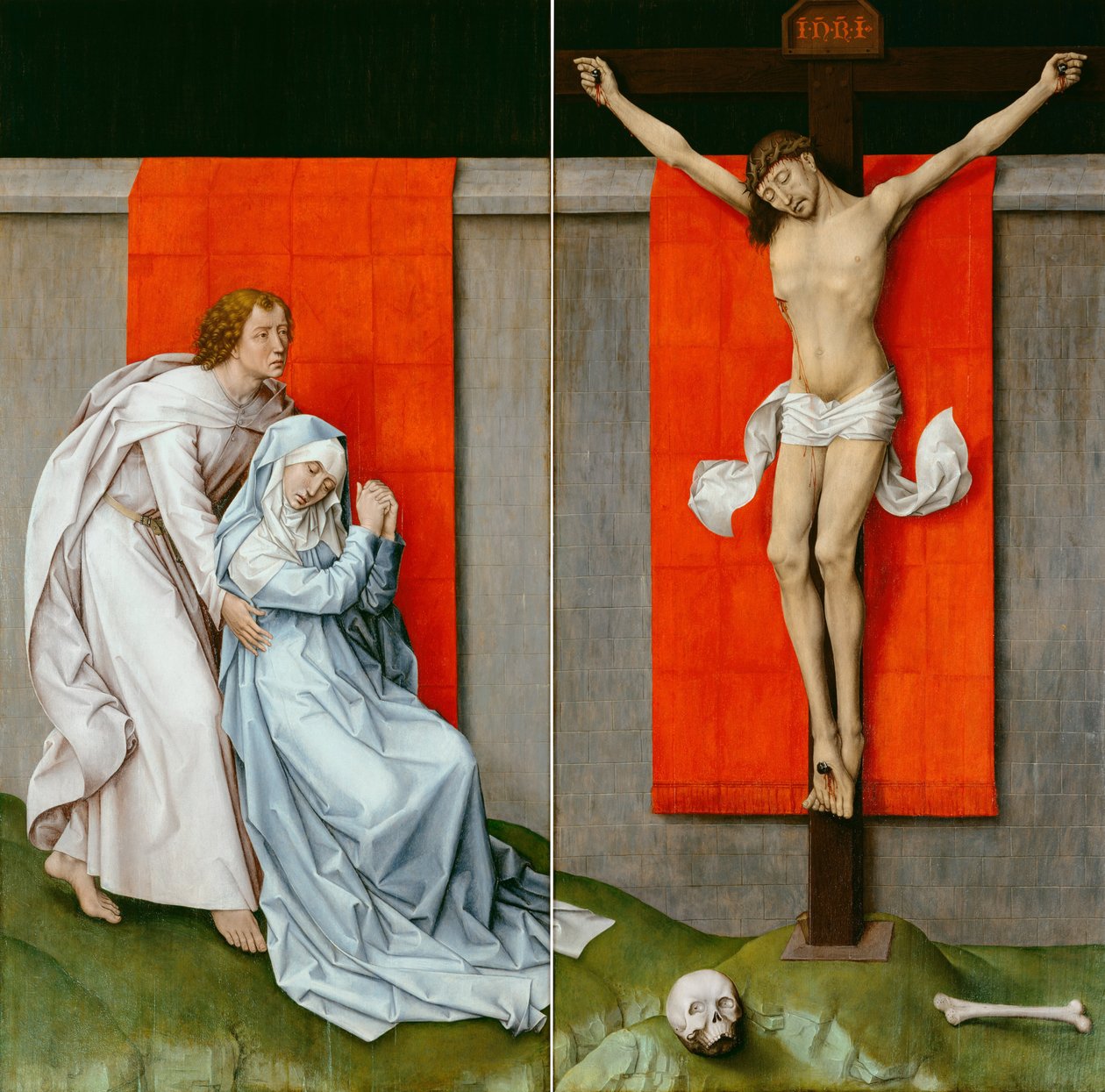 Ristiinnaulitseminen, jossa Neitsyt ja Johannes evankelista surevat. tekijältä Rogier van der Weyden