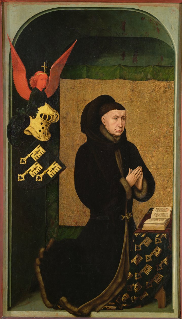 Lahjoittaja, liittokansleri Nicholas Rolin, polvistumassa rukouksessa, viimeisen tuomion polyptyykin kääntöpuolelta, n. 1445-50 (katso 20546, 170074 ja 170079) tekijältä Rogier van der Weyden