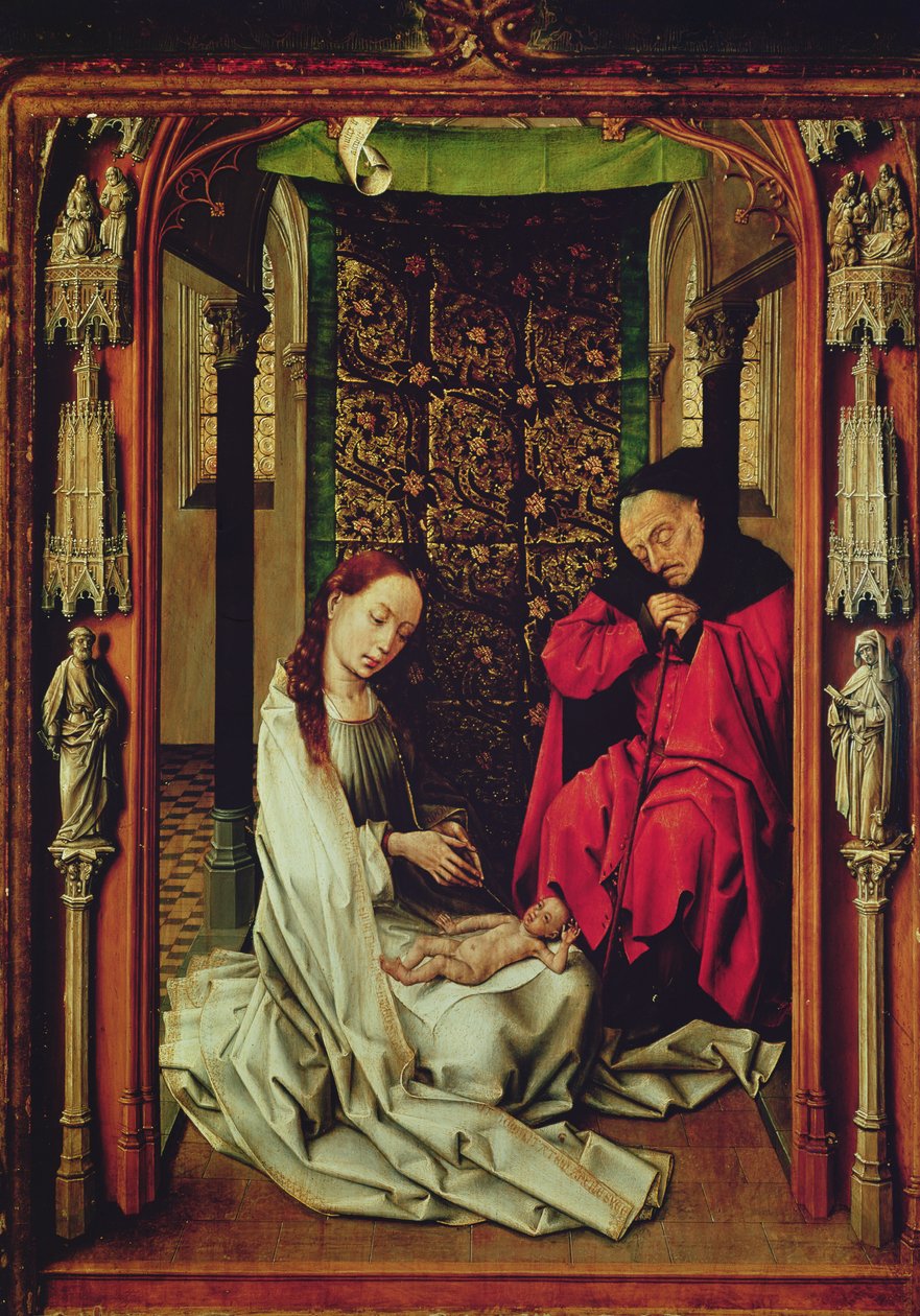 Syntymä, triptyykin vasen siipi, n. 1496 tekijältä Rogier van der Weyden