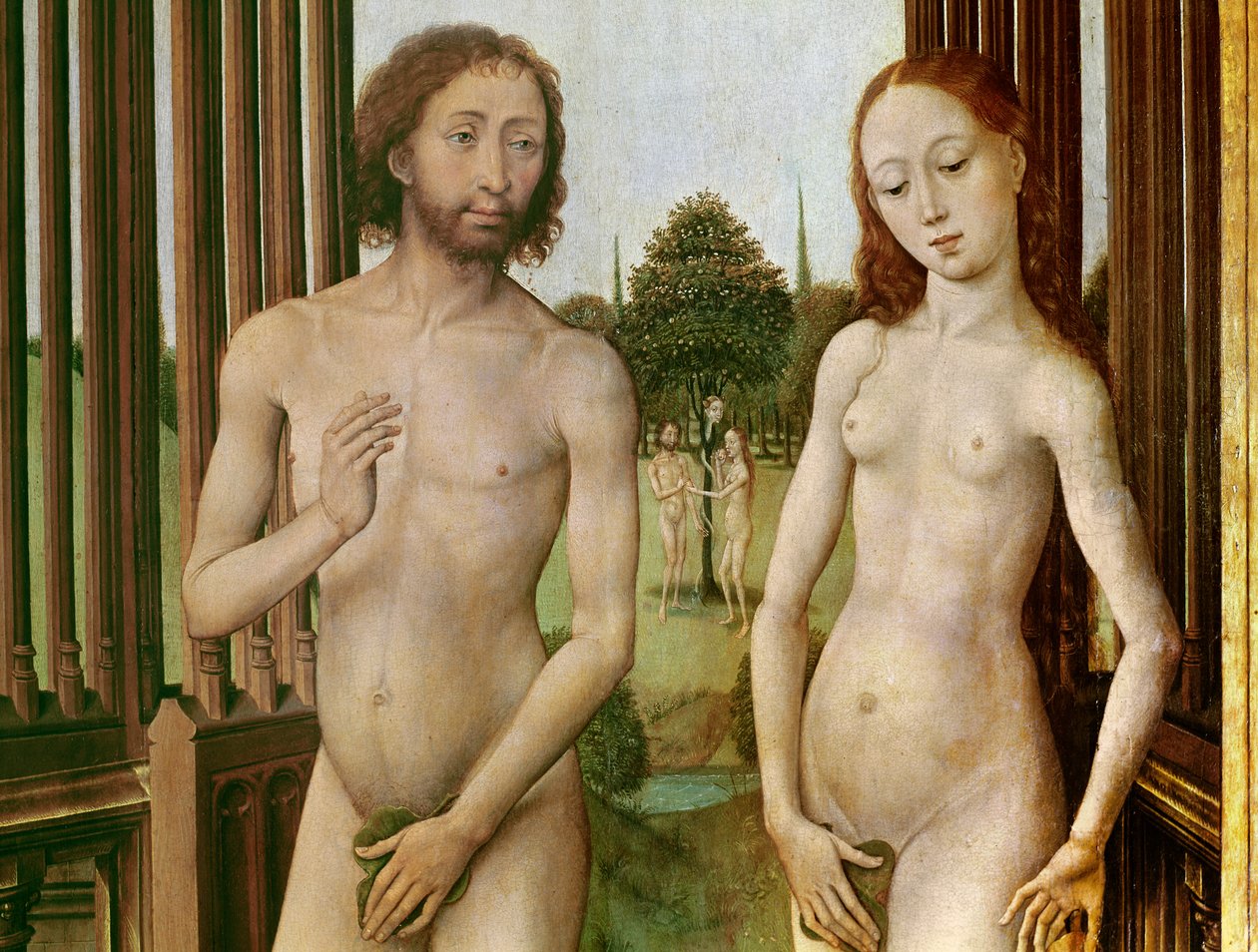Lunastuksen triptyykki, vasen paneeli: Aadam ja Eeva karkotettiin paratiisista, 1455-59 (öljy puulle) tekijältä Rogier van der Weyden