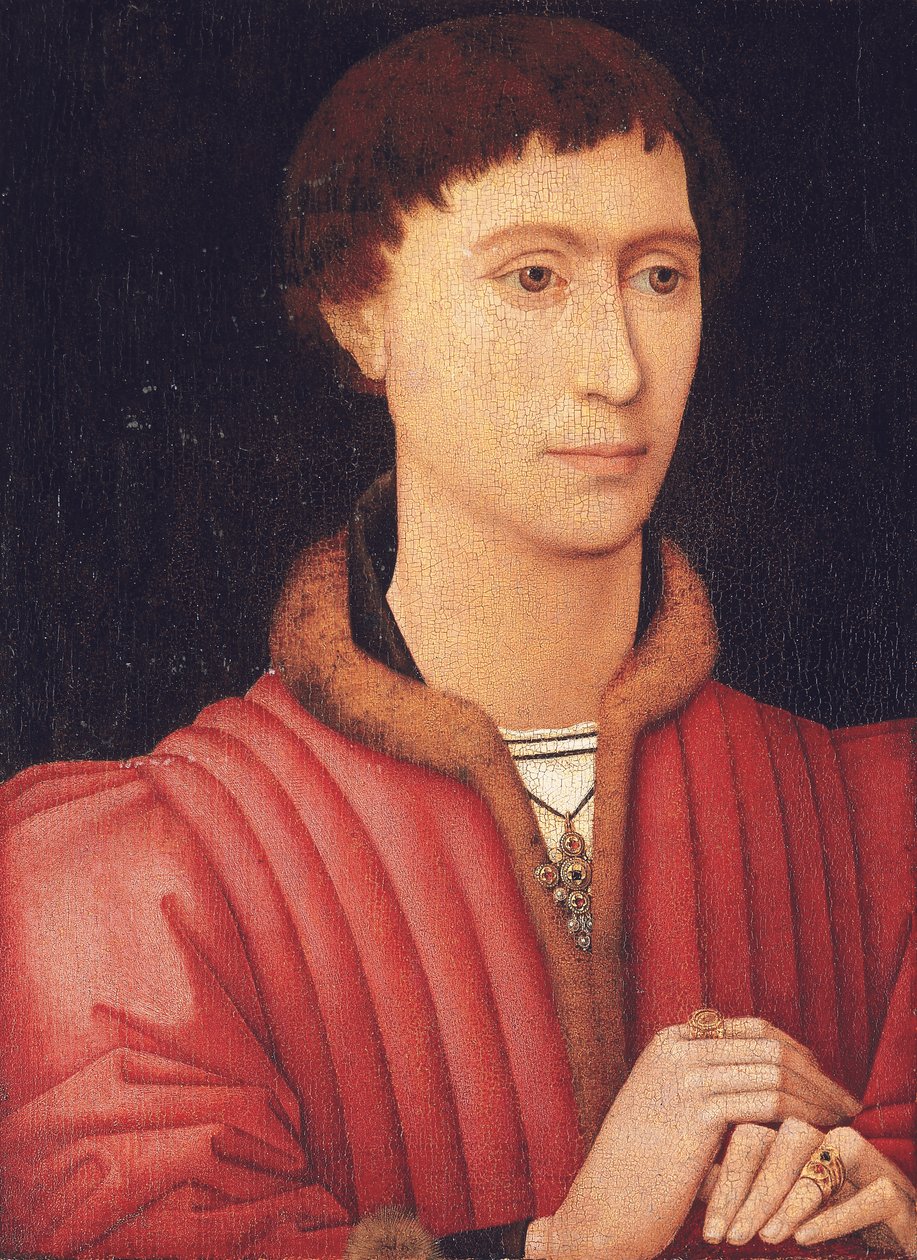 Nuoren miehen muotokuva, rinnanympärys, turkisreunustaisessa punaisessa kaksoiskappaleessa, n. 1450-60 (öljy paneelille) tekijältä Rogier van der (circle of) Weyden
