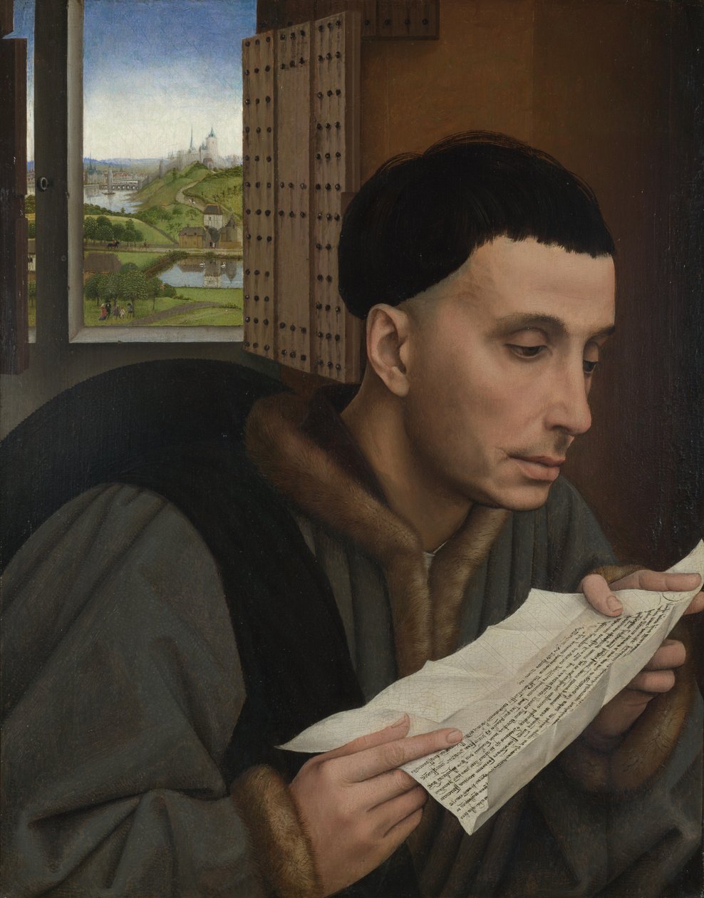 Lukeva mies (Saint Ivo?), n. 1450 (öljy paneelille) tekijältä Rogier van der (workshop of) Weyden