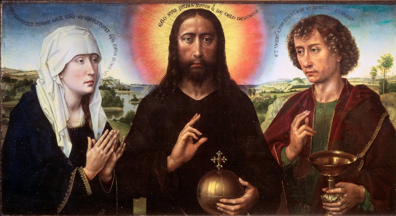 Kristus Lunastaja Neitsyen ja Pyhän Johannes Evankelistan välillä (Triptyykki Braque), noin 1450 (Öljy puulle) tekijältä Rogier van der Weyden