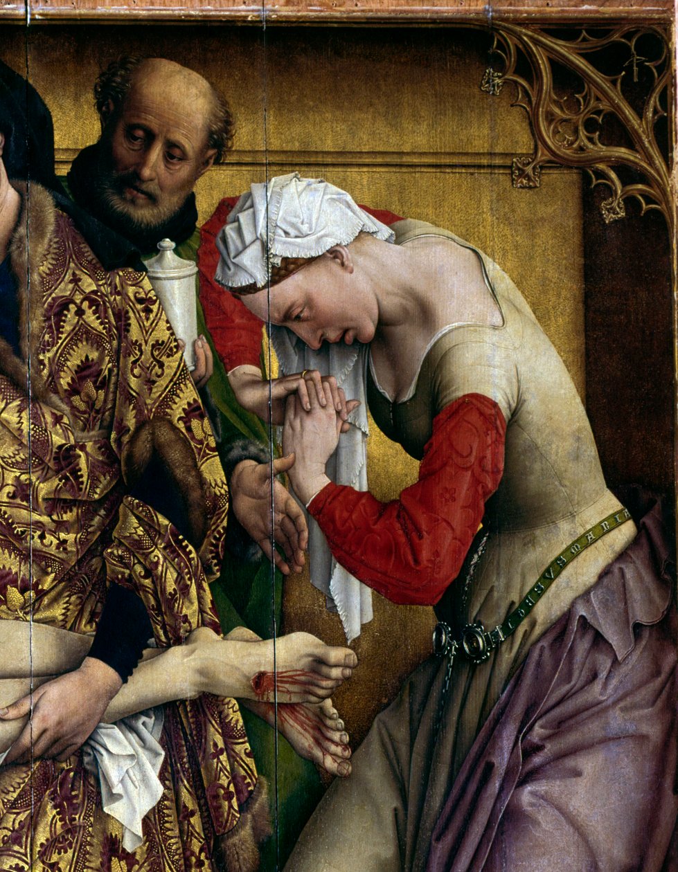 Ristin laskeutuminen tai laskeutuminen. Yksityiskohta Sainte Marie Madeleinen. Rogier Alttaritaulu (Roger) Van Der Weyden (1400-1464) 1435 Dim. 2,20 x 0,35 m Madrid, Musee du Prado - Laskeuma tai laskeutuminen ristiltä. Yksityiskohta Pyhästä Maria Magdalee tekijältä Rogier van der Weyden