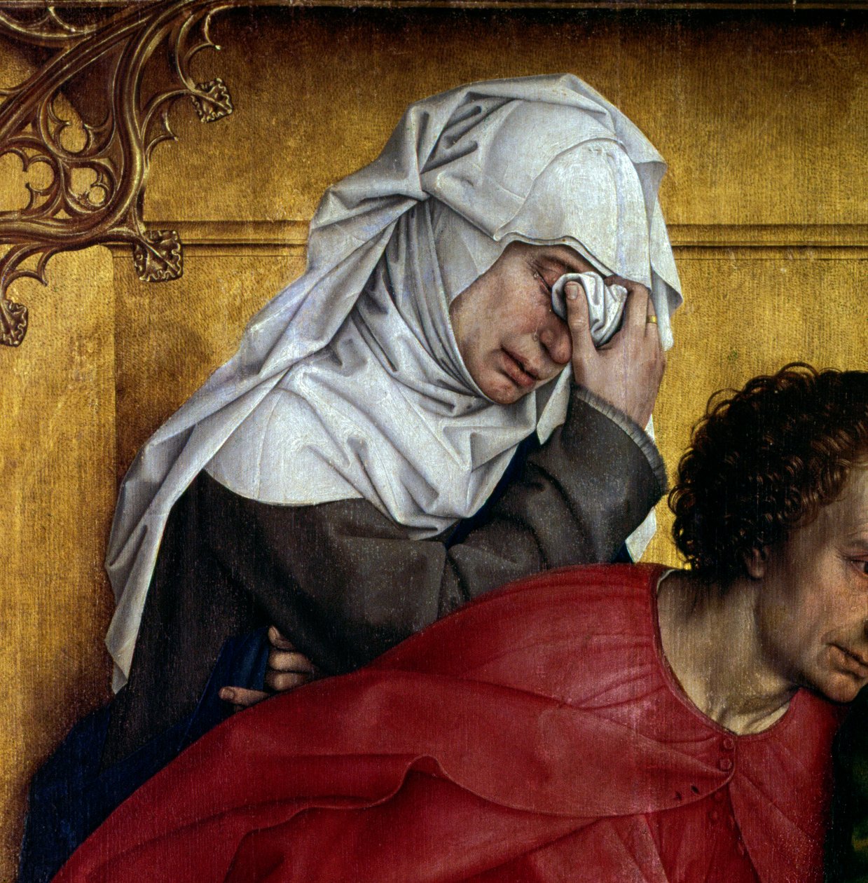 Ristin laskeutuminen tai laskeutuminen. Yksityiskohta hahmosta kyyneleissä. Rogier Alttaritaulu (Roger) Van Der Weyden (1400-1464) 1435 Dim. 2,20 x 0,35 m Madrid, Musee du Prado - Laskeuma tai laskeutuminen ristiltä. Yksityiskohta suruhahmoista. Alttari tekijältä Rogier van der Weyden