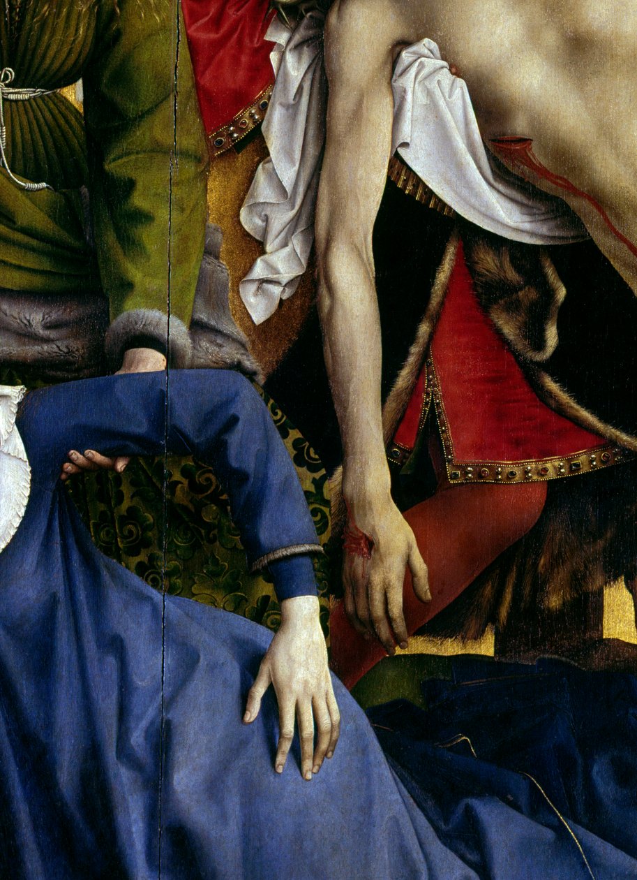 Ristin laskeutuminen tai laskeutuminen. Yksityiskohta kadonneen neitsyen kädestä ja Kristuksen kädestä. Rogier Alttaritaulu (Roger) Van Der Weyden (1400-1464) 1435 Dim. 2,20 x 0,35 m Madrid, Prado-museo tekijältä Rogier van der Weyden