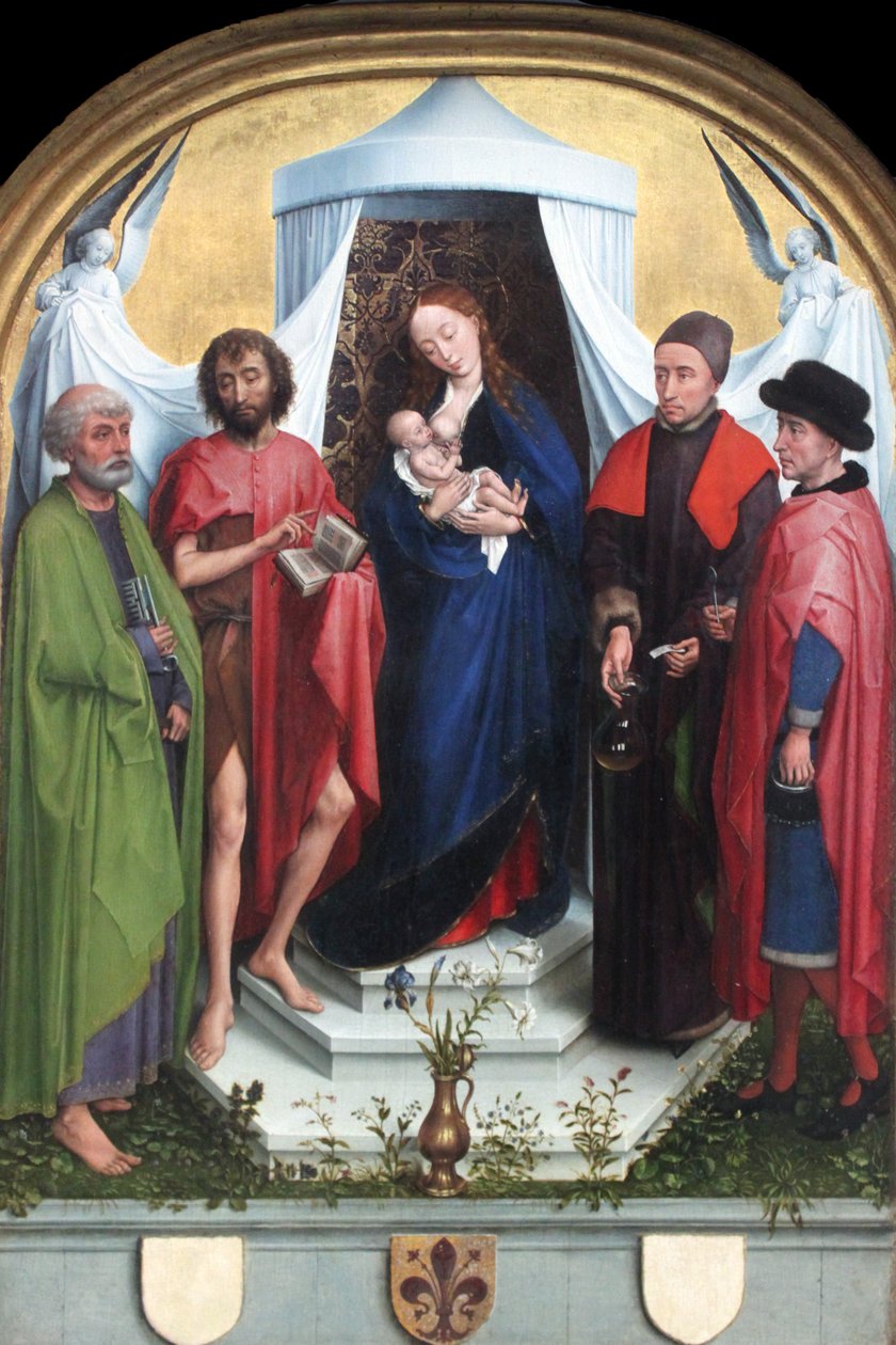 Madonna pyhien Pietarin, Johannes Kastajan, Kosmasin ja Damianuksen kanssa. tekijältä Rogier van der Weyden