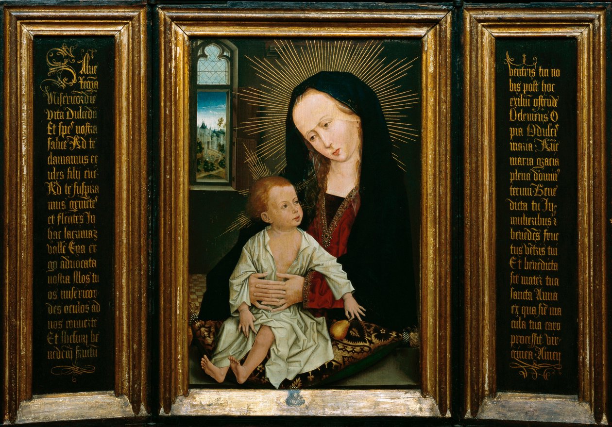 Salve Regina (Salve, O Queen, katolinen rukous), esitys neitsyestä ja lapsesta pitelemässä päärynää (öljy puulle) tekijältä Rogier van der Weyden