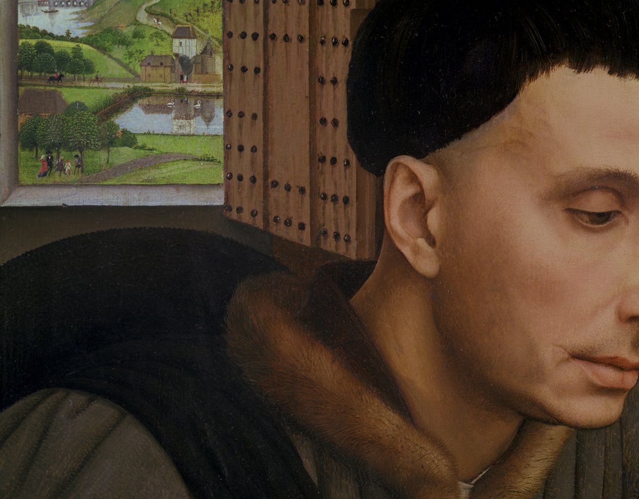 St. Ivo , yksityiskohta ikkunasta ja Pyhän Ivon pää, n. 1450 tekijältä Rogier van der Weyden