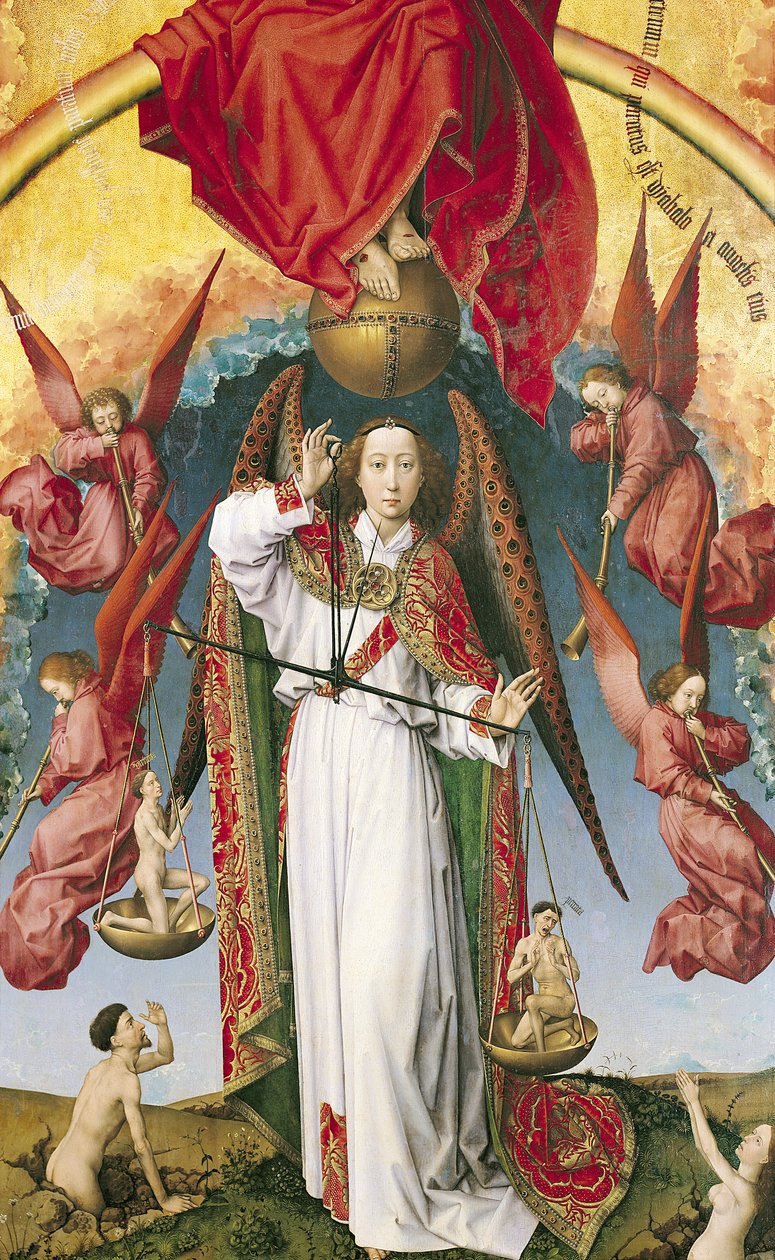 Pyhä Mikael, joka punnitsee sieluja, viimeisestä tuomiosta, n. 1445-1450 (yksityiskohta 170072) tekijältä Rogier van der Weyden